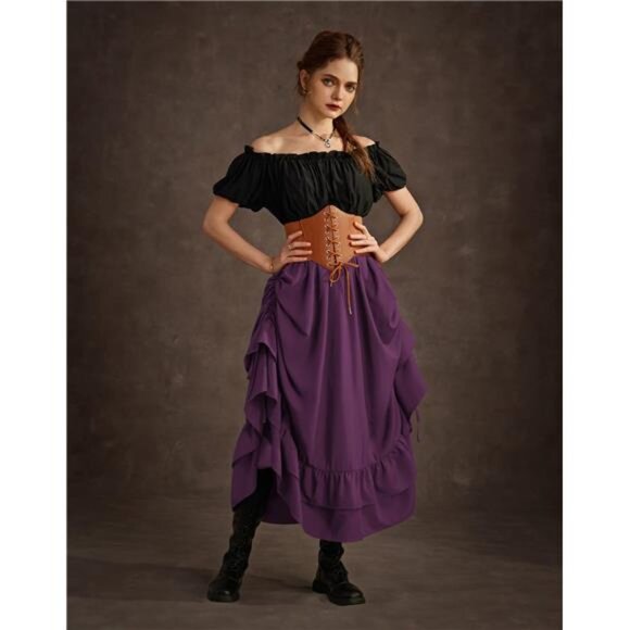Women Renaissance Skirt Ruffle Layered Maxi Purple - Picture 6 of 6